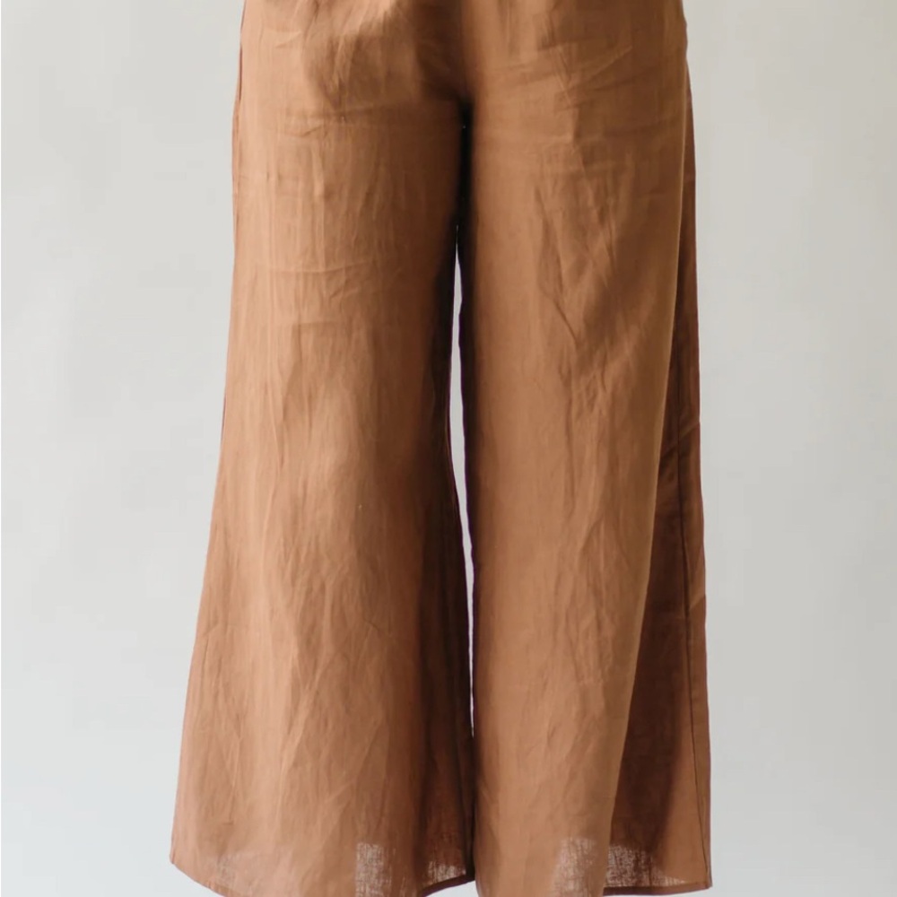Piper & Scoot Yvonne Wide Leg Linen Pants in Camel - size Large